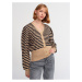 Dilvin 60181 V-Neck Striped Cardigan-kbeige-black