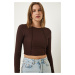 Happiness İstanbul Brown Piping Ribbed Crop Blouse