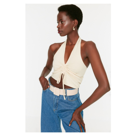 Trendyol Stonewash Halterneck Knitted Blouse with Shirling Detail, Ribbed Flexible Crop