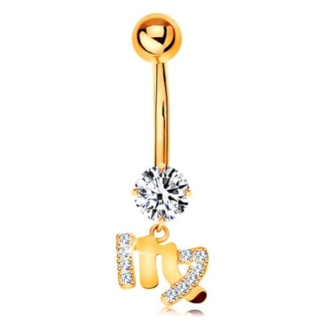 Piercing do pupíku ve žlutém 9K zlatě - čirý zirkon, symbol znamení PANNA Šperky eshop