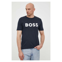 Bavlněné tričko BOSS CASUAL tmavomodrá barva, s potiskem, 50481923