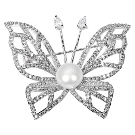 JwL Luxury Pearls Třpytivá brož motýl s pravou perlou a krystaly JL0507