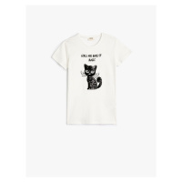 Koton T-Shirt Short Sleeve Crew Neck Cat Sequin Embroidered