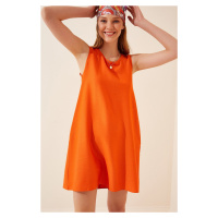 Happiness İstanbul Women's Brick Sleeveless Linen Viscose A-Line Dress