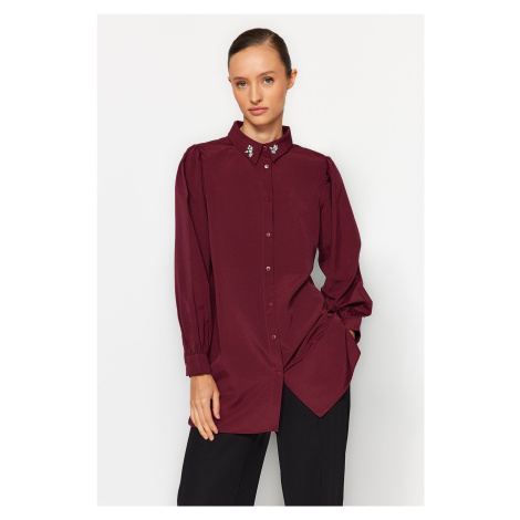 Trendyol Burgundy Collar Stone Embroidery Detailed Woven Shirt