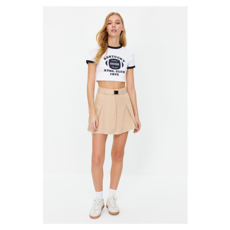 Trendyol Beige Belted Pleated High Waist Mini Denim Skirt