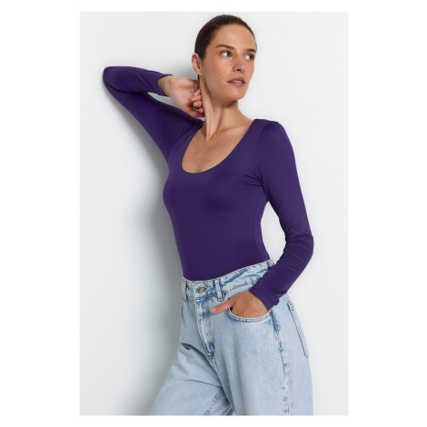 Trendyol Purple Fitted/Situated Pool Collar Soft Fabric Stretchy Snaps Knitted Body