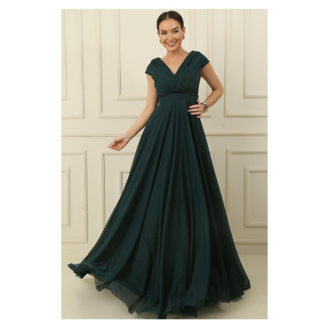 By Saygı Double Breasted Neck Nail Sleeve Full Circle Flared Lined Chiffon Tulle Long Dress