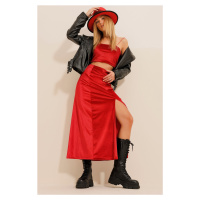 Trend Alaçatı Stili Women's Red Slit Midi Length Velvet Skirt