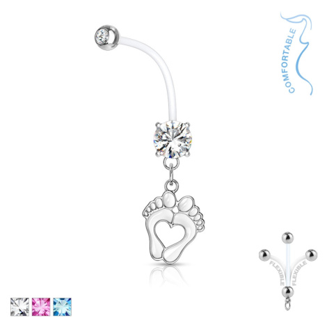 Ocelový piercing do bříška pro těhotné ženy - bioflex, zirkon, otisky nohou - Barva zirkonu: Růž Šperky eshop