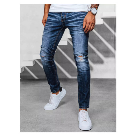 MODRÉ DĚROVANÉ PÁNSKÉ DŽÍNOVÉ KALHOTY Denim vzor BASIC