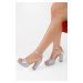 Shoeberry Women's Kea Silver Satin Stone Platform Heel Shoes