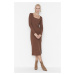 Trendyol Brown Ribbed Square Neck Fitted Long Sleeve Slit Midi Dress