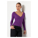 Trendyol PurpleFitted/Purple Knitted Ribbed Blouse with Double Breasted Collar