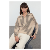 Trendyol Beige*001 Striped Oversize/Wide Pattern Thessaloniki Polo Collar Knitted Sweatshirt