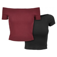 Ladies Off Shoulder Rib Tee 2-Pack - redwine+black