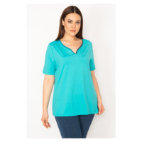 Şans Women's Turquoise Plus Size Sporty Blouse with a piping collar