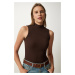 Happiness İstanbul Women's Dark Brown Turtleneck Cotton Knitted Blouse