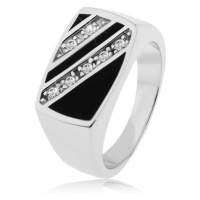 Stříbrný prsten 925, obdélník - šikmé linie čirých zirkonů, černá glazura