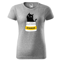 DOBRÝ TRIKO Dámské tričko s potiskem s kočkou ANTIDEPRESIVA Barva: Tmavě šedý melír