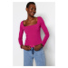 Trendyol Fuchsia Cotton Stretch Square Neck Fitted/Situated Knit Blouse