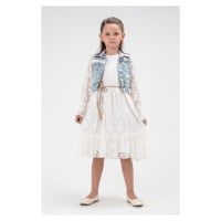 Trendyol Girl's Ecru Lace Detailed Denim Vest Belted Long Sleeve Dress Set Suit