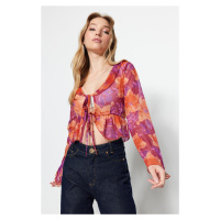 Trendyol Pink Floral Pattern Tie and Ruffle Detail Crop Flexible Tulle Knitted Blouse