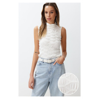 Trendyol Ecru High Collar Fitted Crop Textured Stretchy Knitted Blouse