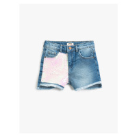 Koton Embroidered sequins denim shorts with pockets, tassels on the legs, and an adjustable elas