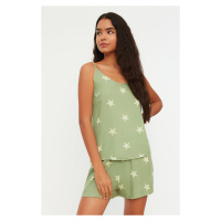 Trendyol zelená viskózová tkaná pyžamová souprava s hvězdným vzorem a šňůrkovými ramínky