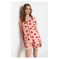 Trendyol Salmon 100% Cotton Heart Patterned Piping Detailed Shirt-Shorts Knitted Pajamas Set