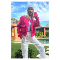 Trend Alaçatı Stili Women's Fuchsia Snap Closure Double Pocket Crop Jacket