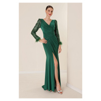 By Saygı Double-breasted Collar Draped Long Sleeves Lined Lycra Dress with Stitching Feather Det