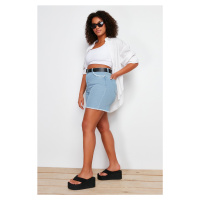 Trendyol Curve Light Blue Pocket and Leg Tassel Detailed Mini Denim Shorts