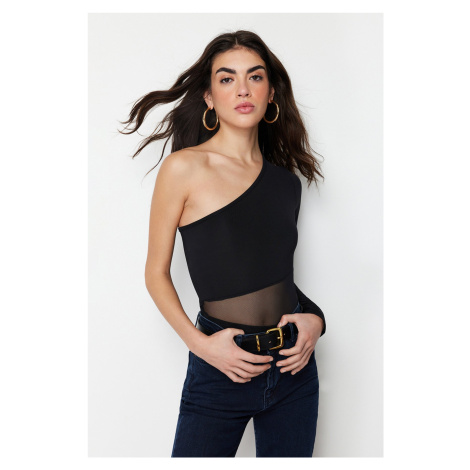 Trendyol Black Tulle Detailed Fitted/Fitted Asymmetrical Collar Stretch Knitted Body with Snap F