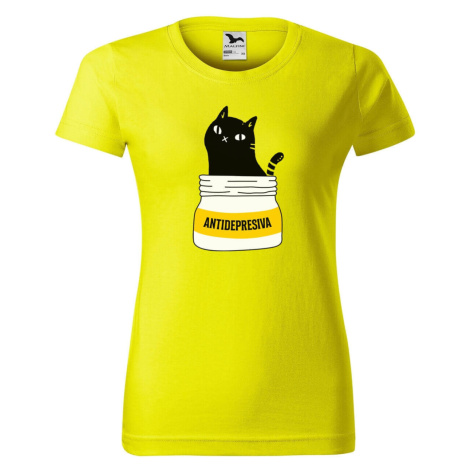 DOBRÝ TRIKO Dámské tričko s potiskem s kočkou ANTIDEPRESIVA Barva: Citrónová