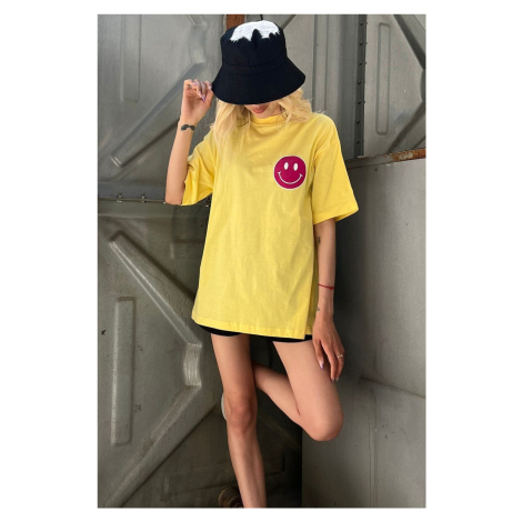 Madmext Yellow Back Printed Oversized Round Neck Women's T-Shirt