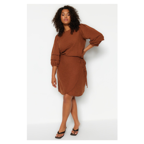 Trendyol Curve Brown Linen Look Woven Skirt