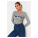 Trendyol Gray Slogan Printed Fitted/Situated Stretch Rib Crop Knitted Blouse