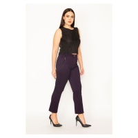 Şans Women's Plus Size Plum Ornamental Zipper Pocket. Front Grass Stitched Fabric Trousers