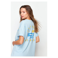 Trendyol Light Blue 100% Cotton Back and Chest Printed Oversize/Casual Fit Knitted T-Shirt