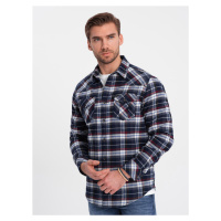 Ombre Men's checkered flannel shirt with pockets - navy blue and red