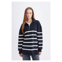 DEFACTO Relax Fit Polo Collar Striped Soft Fluffy Thick Sweatshirt Tunic