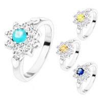 Prsten ve stříbrném odstínu, zirkonový květ s barevným středem, lístečky