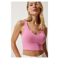 Happiness İstanbul Women's Pink Strap Crop Knitted Blouse