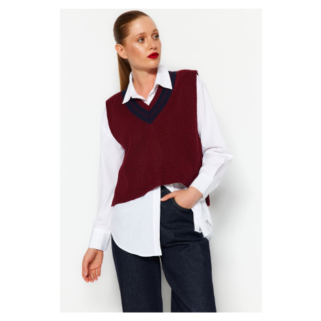 Trendyol Claret Red Crop V-Neck pletený svetr