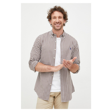 Košile Polo Ralph Lauren pánská, hnědá barva, slim, s límečkem button-down