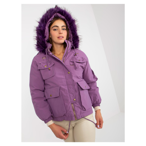 Fialová dámská péřová zimní bunda s kožešinou na kapuci Factory Price