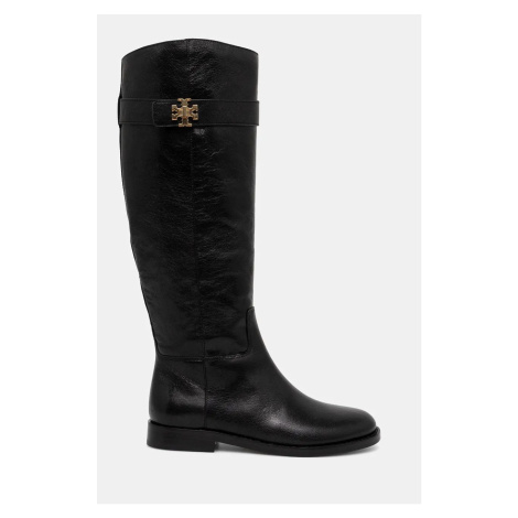 Kozačky Tory Burch T Lock Riding Boot dámské, černá barva, na plochém podpatku, 158799-006