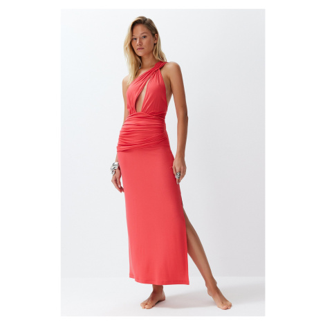 Trendyol Red Fitted Maxi Knitted Cut Out/Window One Shoulder Beach Dress